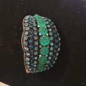 Antique Or Vintage Style Boho Aqua Goldtone Beaded Statement Hinged Bracelet